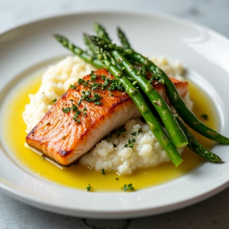Seared Salmon with Steamed Asparagus and Cauliflower Mash