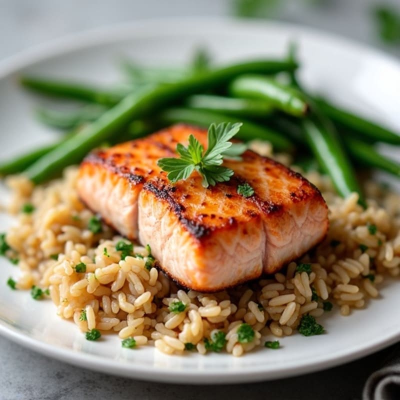 Seared Salmon Fillet with Garlic Green Beans and Brown Rice