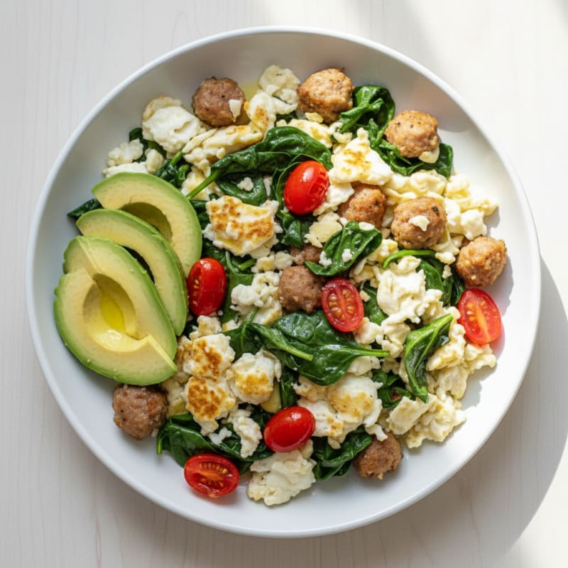 Crispy Egg White and Chicken Sausage Scramble with Spinach