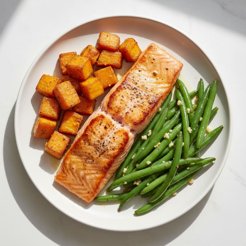 Seared Salmon Fillet with Roasted Sweet Potatoes and Garlic Green Beans