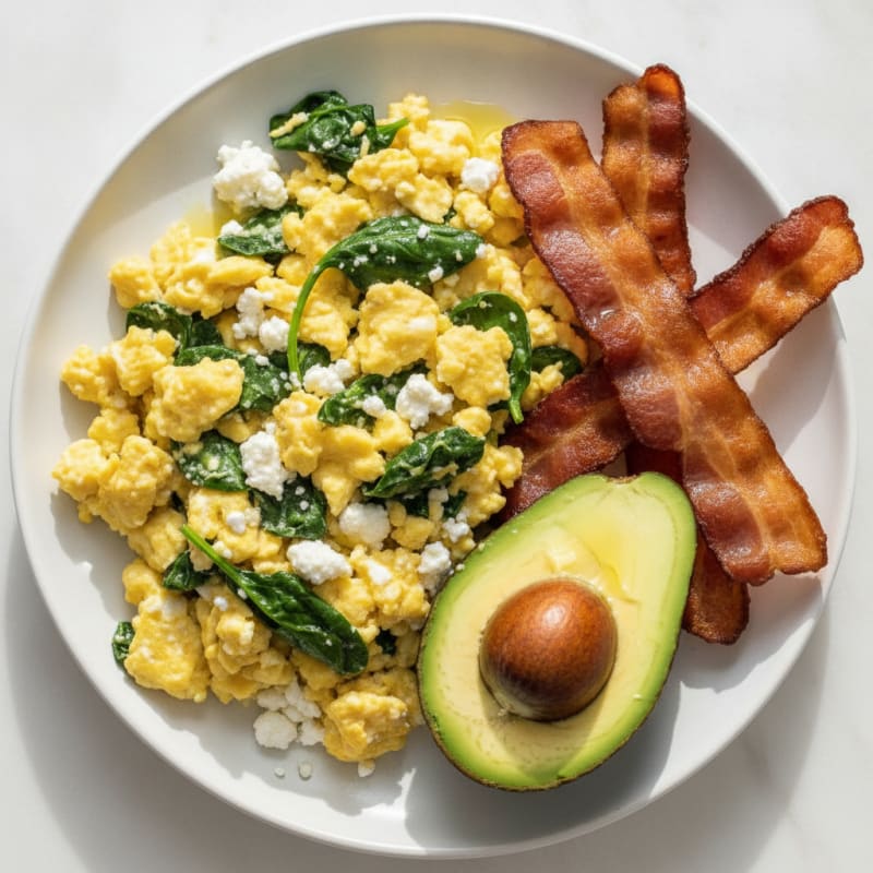 Cottage Cheese Egg Scramble with Spinach and Turkey Bacon