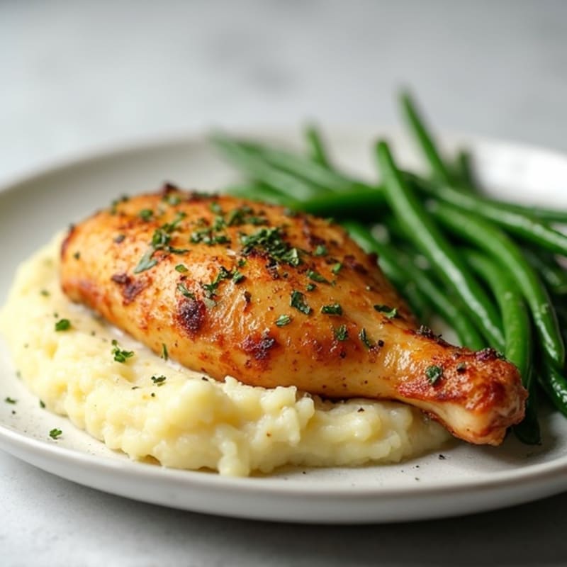 Herb-Roasted Chicken with Creamy Garlic Mashed Potatoes and Crispy Green Beans