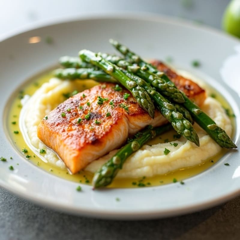 Seared Salmon with Steamed Asparagus and Cauliflower Mash