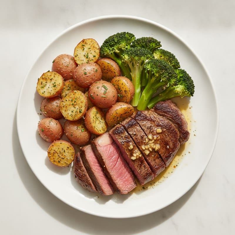 Seared Beef Steak with Herb-Roasted Potatoes and Steamed Broccoli
