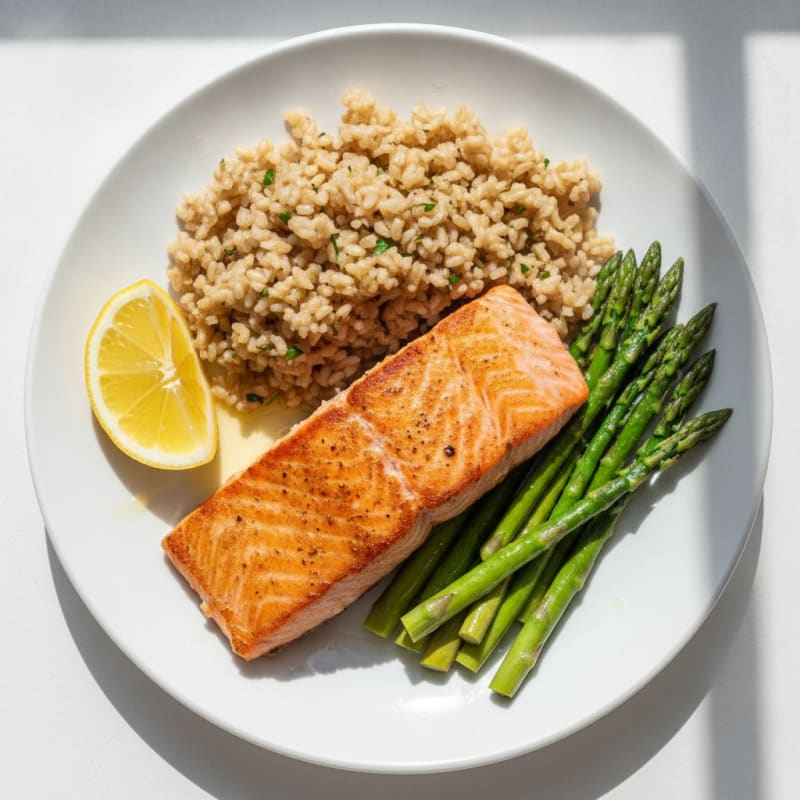Seared Salmon Fillet with Steamed Asparagus and Brown Rice