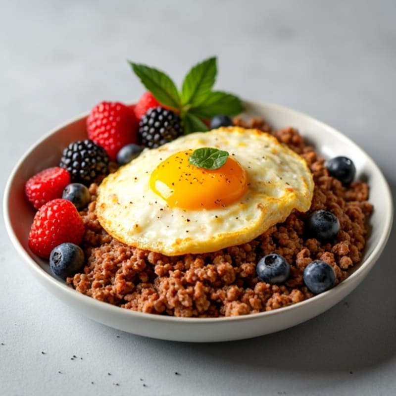 Lean Ground Beef and Egg Scramble with Fresh Berries