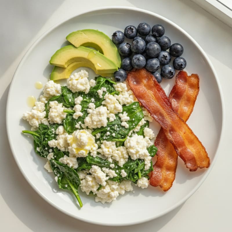 Cottage Cheese Egg White Scramble with Spinach and Turkey Bacon