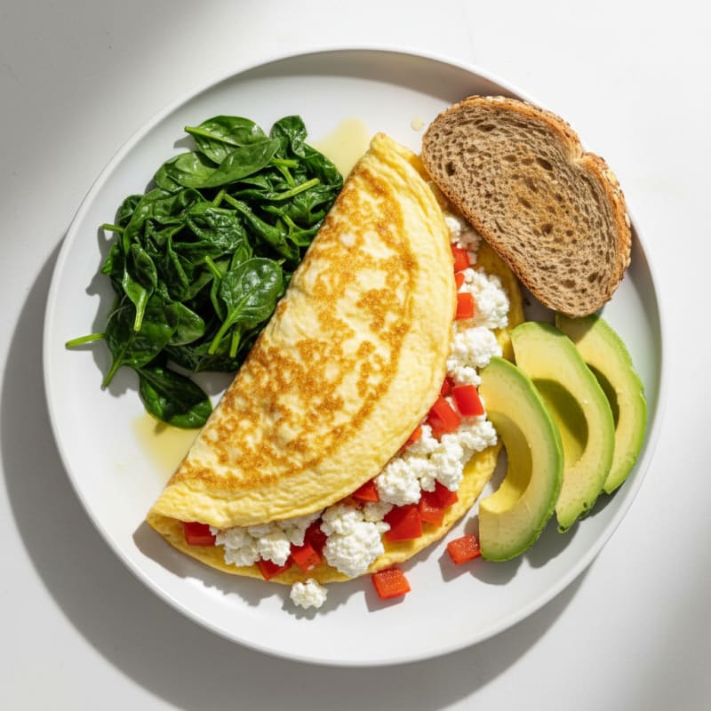 Egg White Vegetable Omelette with Cottage Cheese and Sautéed Spinach