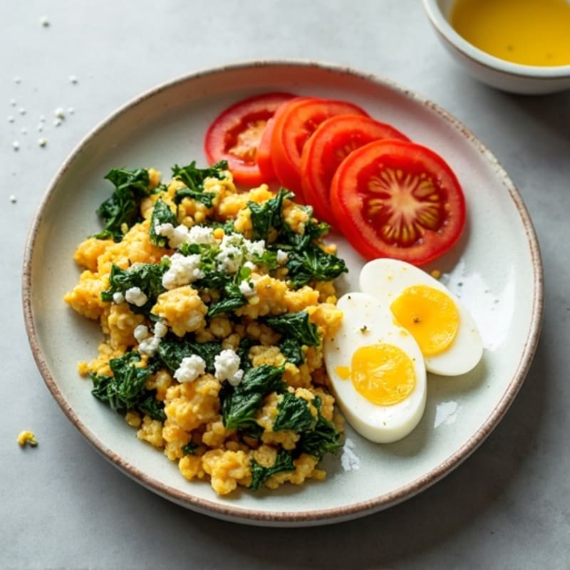 Egg White and Spinach Scramble with Cottage Cheese and Sliced Tomato