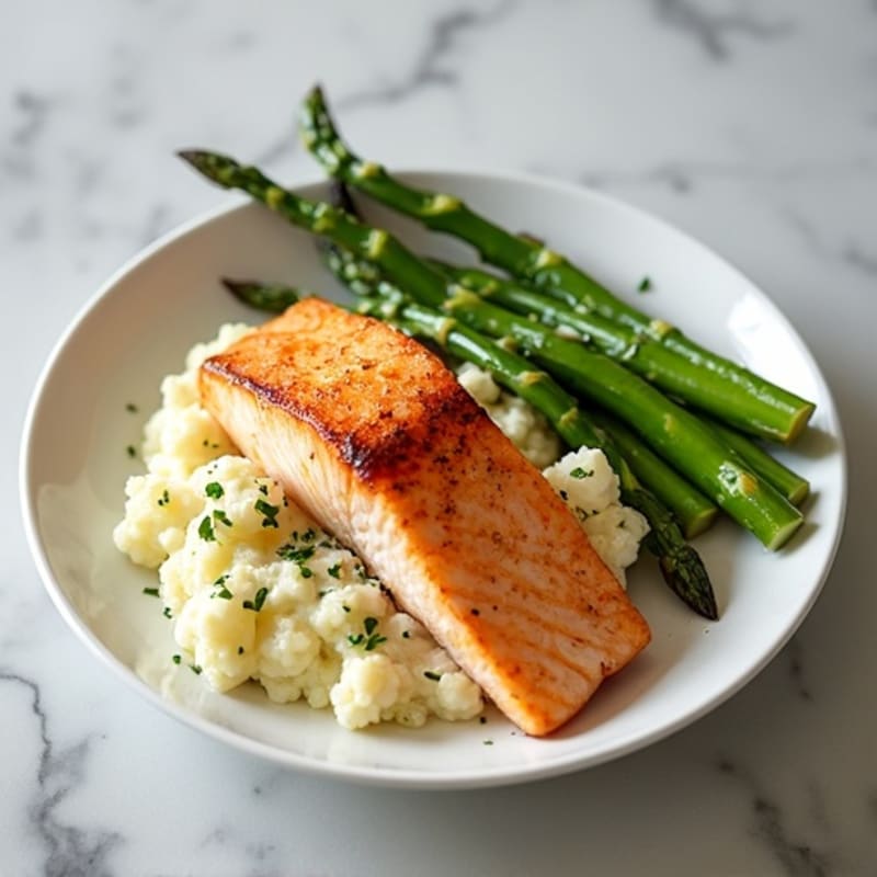 Seared Salmon with Steamed Asparagus and Garlic Mashed Cauliflower