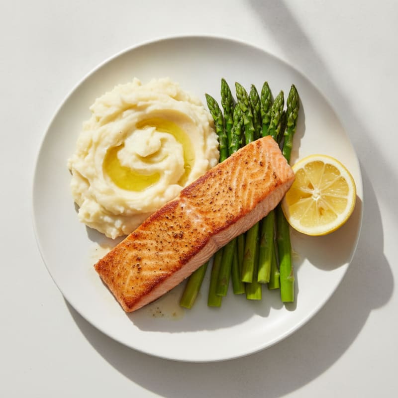 Seared Salmon Fillet with Steamed Asparagus and Garlic Mashed Potatoes