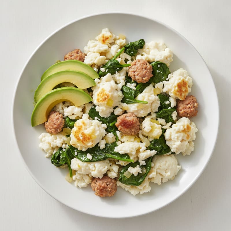 Egg White and Turkey Sausage Scramble with Sautéed Spinach