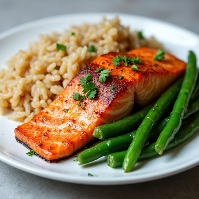 Seared Salmon with Garlic Green Beans and Brown Rice