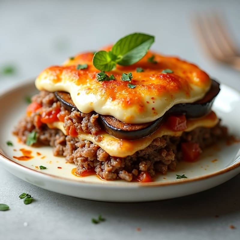 Layered Eggplant and Beef Casserole with Creamy Cashew Bechamel