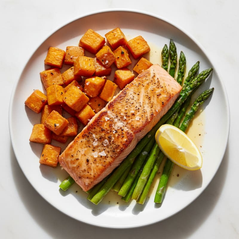 Seared Salmon Filet with Roasted Sweet Potatoes and Asparagus