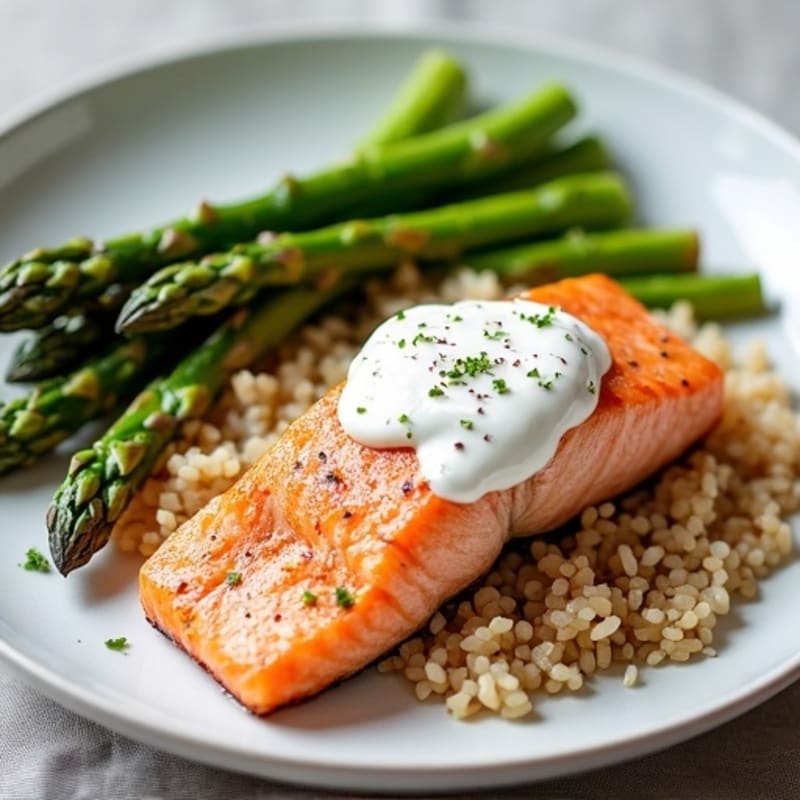 Seared Salmon with Steamed Asparagus and Brown Rice