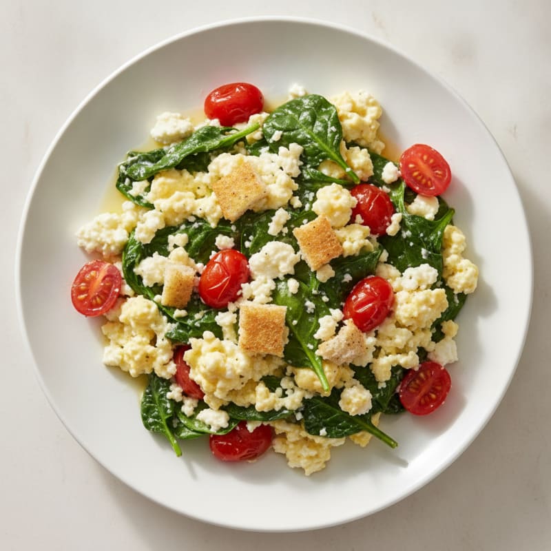 Cottage Cheese Egg Scramble with Spinach and Cherry Tomatoes