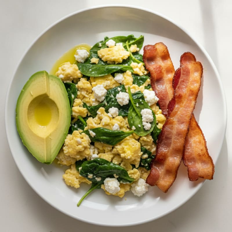 Cottage Cheese Scramble with Spinach and Turkey Bacon
