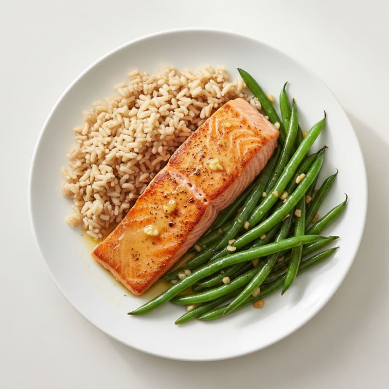 Seared Salmon Fillet with Garlic Green Beans and Brown Rice