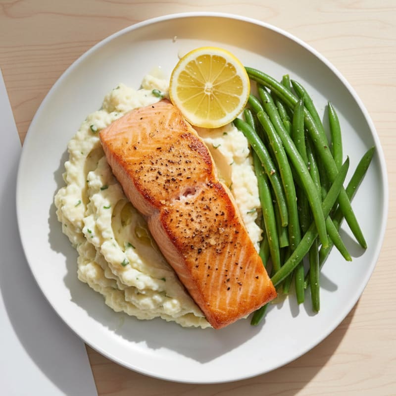 Seared Salmon Fillet with Steamed Green Beans and Mashed Cauliflower