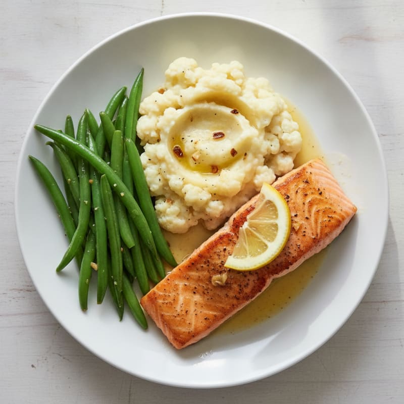 Seared Salmon with Steamed Green Beans and Garlic Mashed Cauliflower