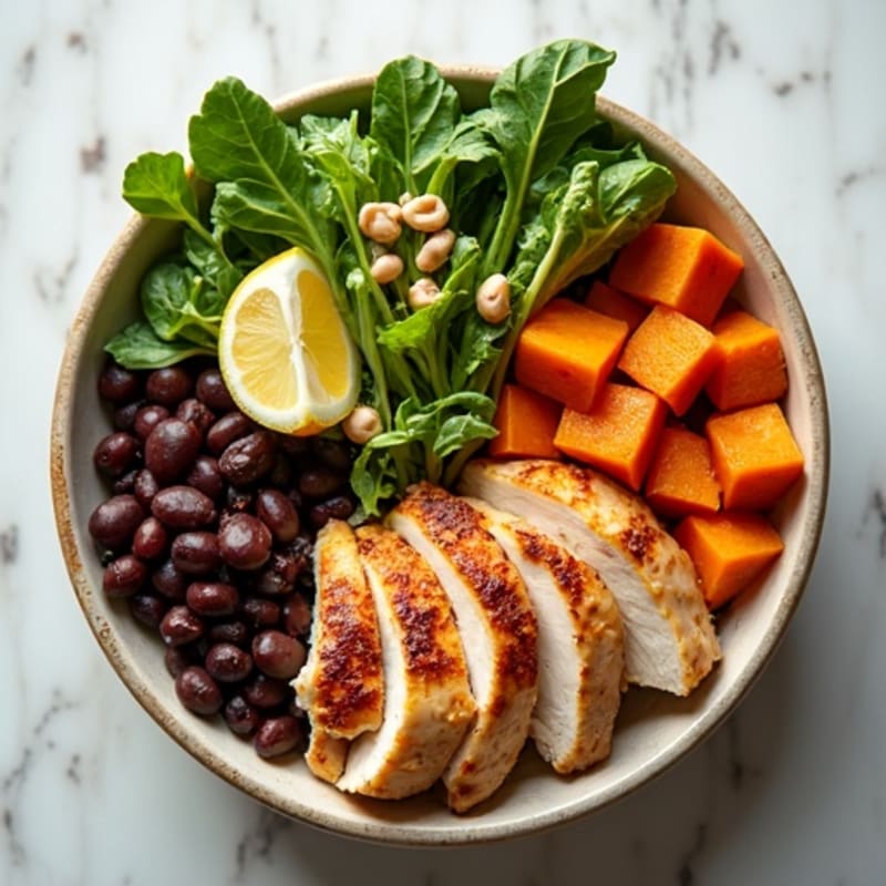Roasted Sweet Potato and Chicken Power Bowl with Creamy Tahini Drizzle