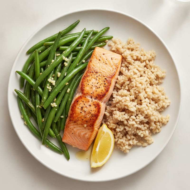 Seared Salmon Fillet with Garlic Green Beans and Brown Rice