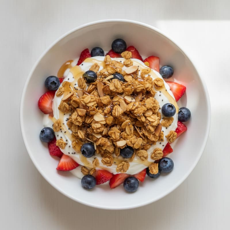 Greek Yogurt Parfait with Crunchy Almond Granola and Fresh Berries