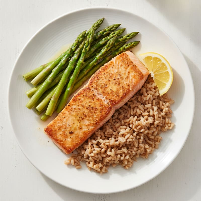 Seared Salmon with Steamed Asparagus and Brown Rice