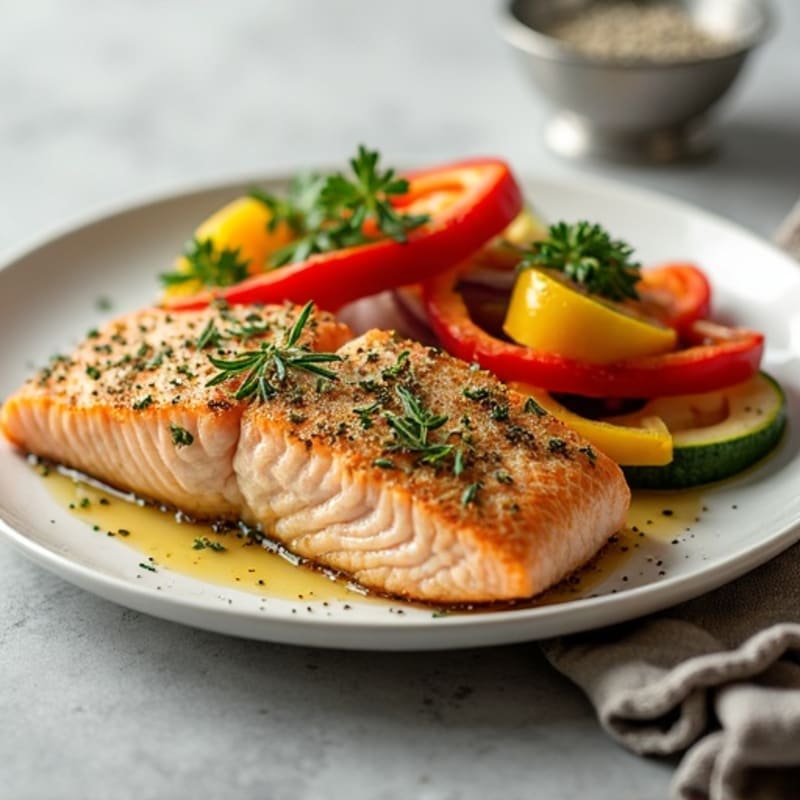 Herb-Crusted Roasted Salmon with Rainbow Vegetables