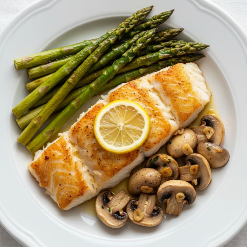 Seared Cod Fillet with Roasted Asparagus and Garlic Mushrooms