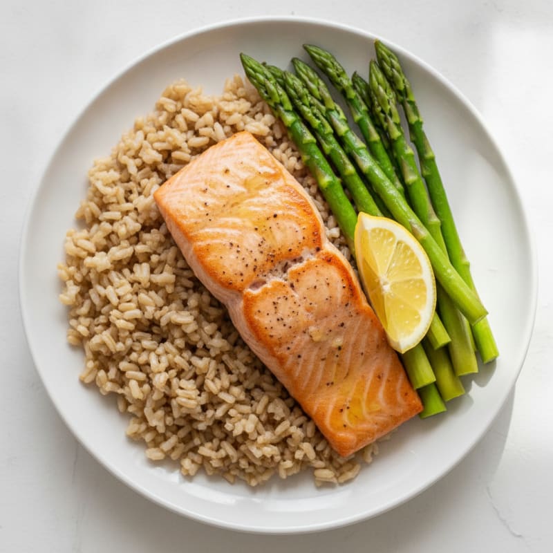 Seared Salmon with Steamed Asparagus and Brown Rice