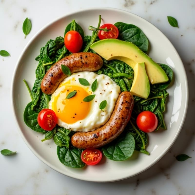 Egg White and Turkey Sausage Scramble with Spinach, Cherry Tomatoes & Avocado