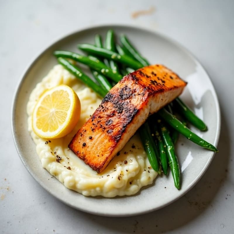 Seared Salmon with Garlic Green Beans and Cauliflower Mash