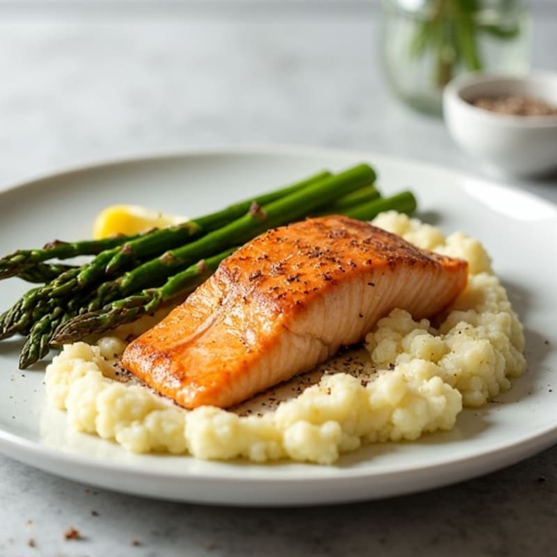 Seared Salmon with Steamed Asparagus and Cauliflower Mash