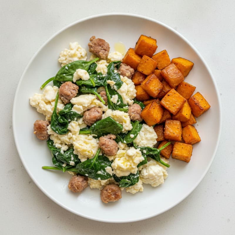 Egg White and Turkey Sausage Scramble with Spinach and Roasted Sweet Potatoes