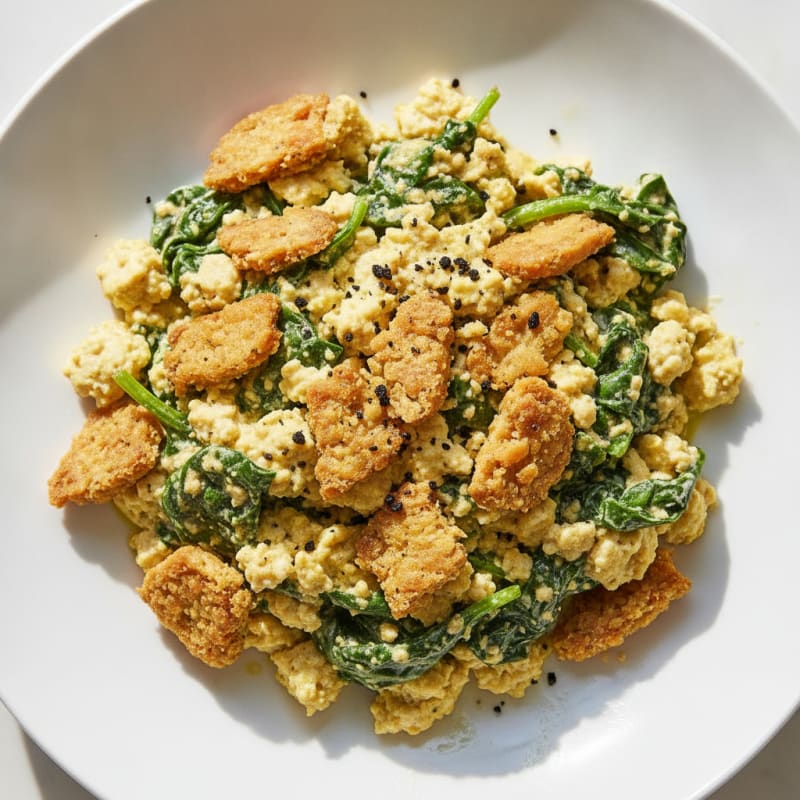 Silky Tofu Scramble with Spinach and Tempeh Crumbles