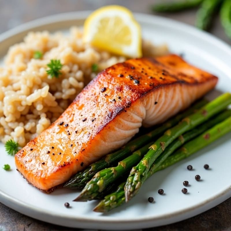 Seared Salmon with Steamed Asparagus and Brown Rice