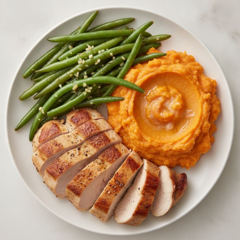 Seared Turkey Breast with Garlic Green Beans and Sweet Potato Mash