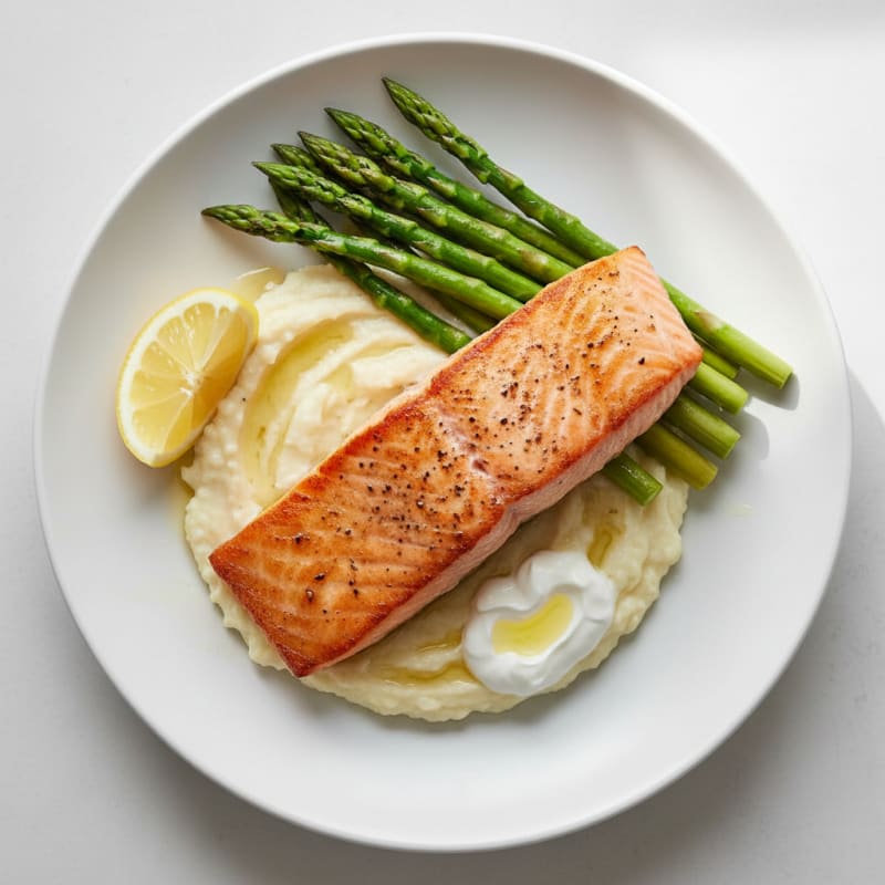 Seared Salmon Fillet with Steamed Asparagus and Cauliflower Mash