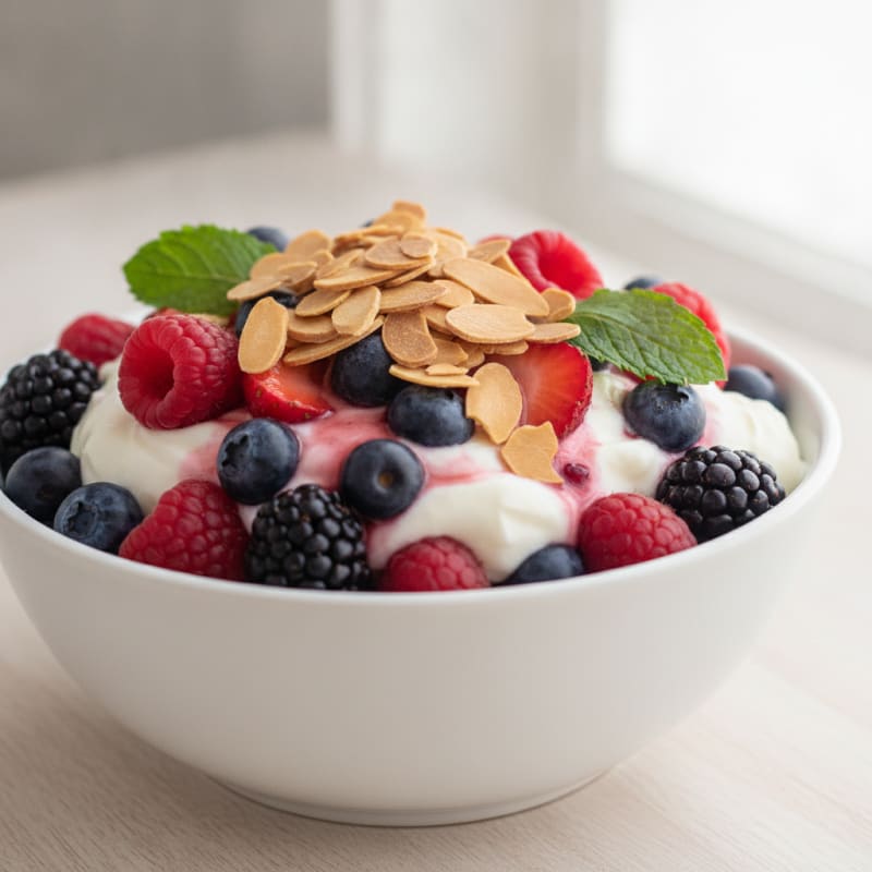Greek Yogurt Protein Parfait with Mixed Berries and Almonds
