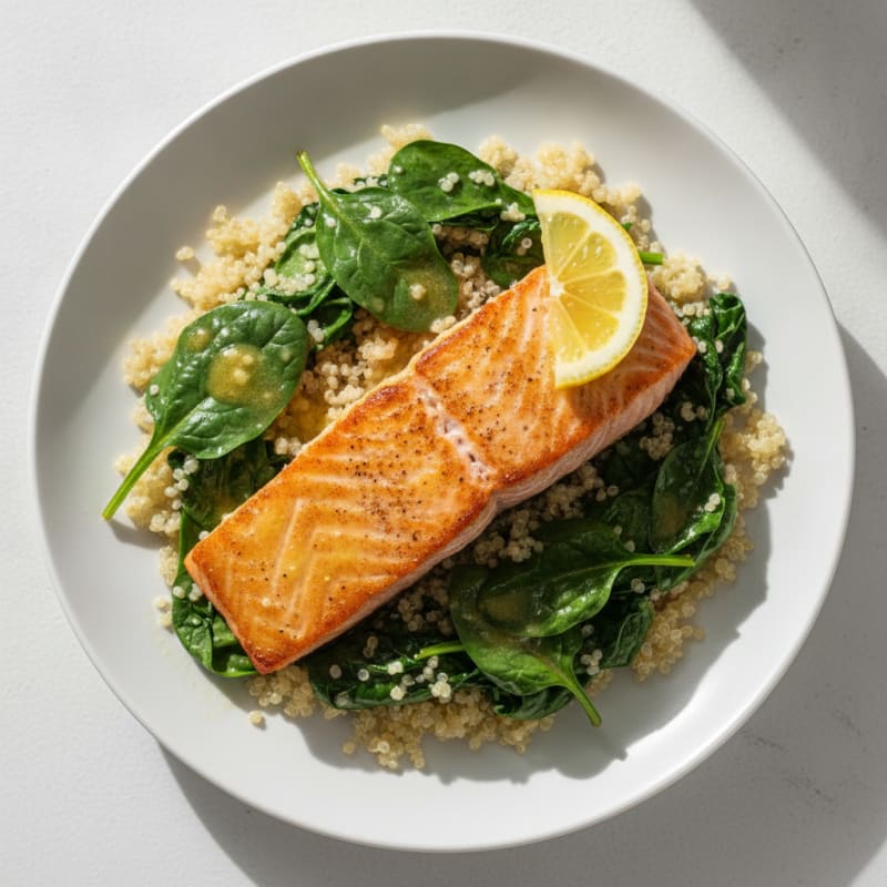 Seared Salmon with Quinoa and Sautéed Spinach