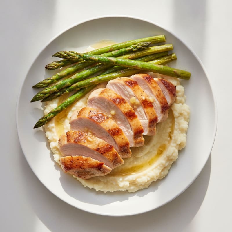 Seared Turkey Breast with Roasted Asparagus and Cauliflower Mash