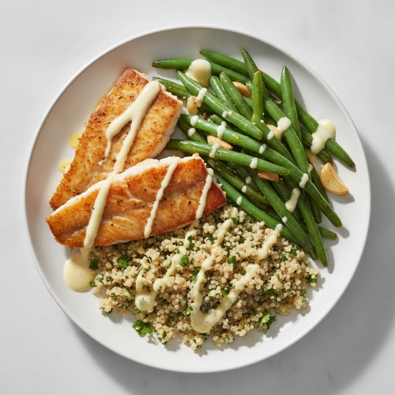 Pan-Seared Swai with Garlic Green Beans and Herb Quinoa