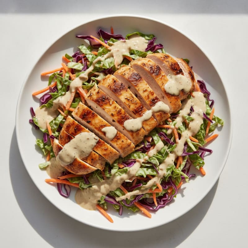 Grilled Chicken Breast with Crunchy Cabbage Slaw and Tangy Yogurt-Free Herb Sauce