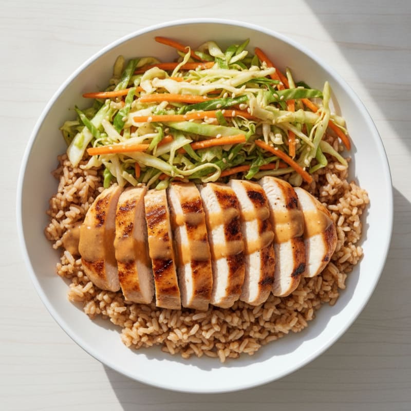 Grilled Chicken Rice Bowl with Crunchy Cabbage Slaw