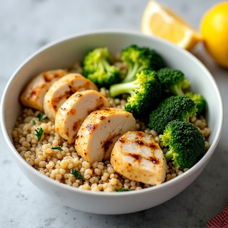 Grilled Chicken and Quinoa Bowl with Roasted Broccoli and Lemon Tahini Drizzle