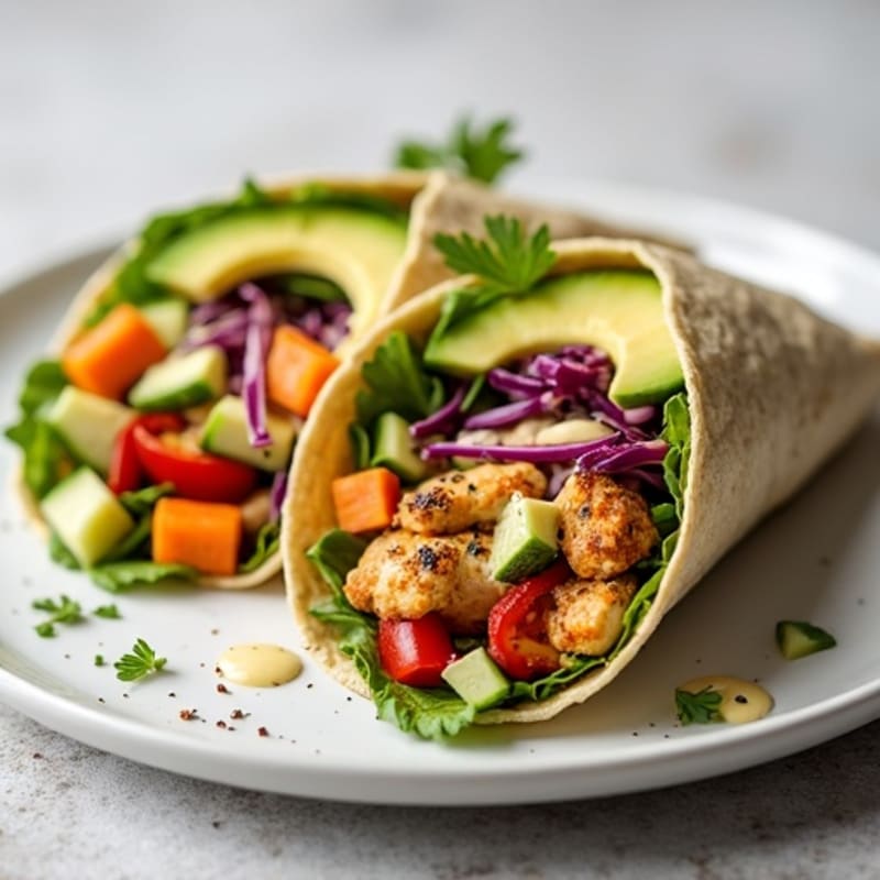 Roasted Spiced Chicken Wraps with Crunchy Vegetables and Creamy Garlic Sauce