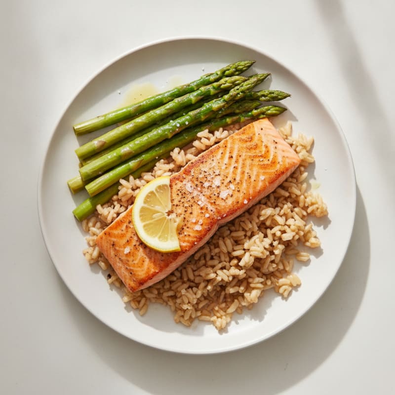 Seared Salmon with Steamed Asparagus and Brown Rice