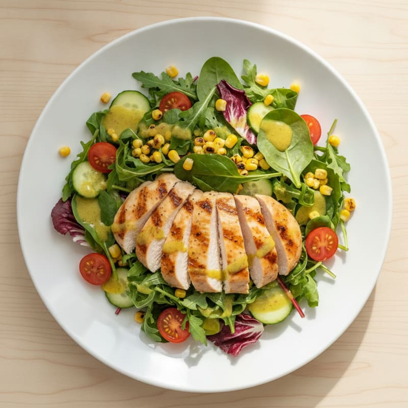 Grilled Chicken Breast Salad with Mixed Greens and Roasted Corn